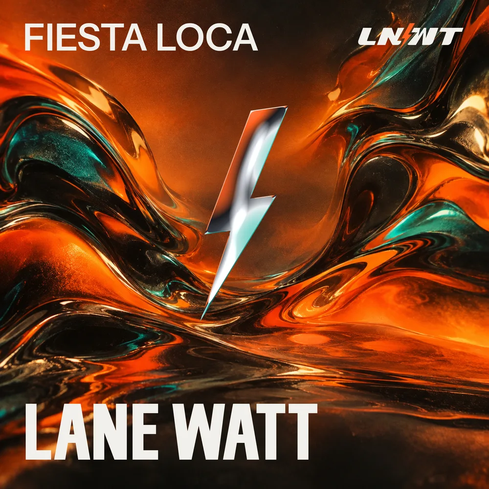Orange liquid and chrome bolt artwork for Fiesta Loca