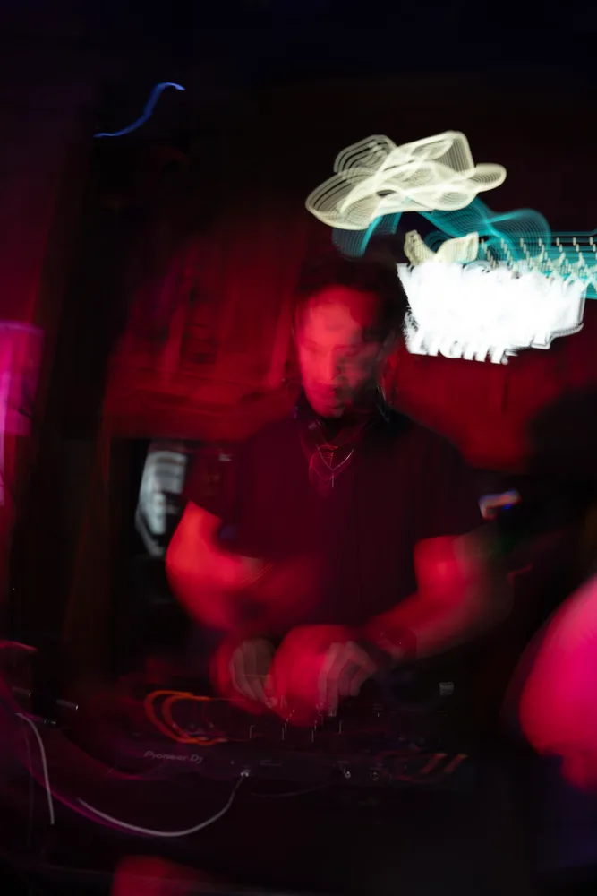 An expressive motion-blurred performance photograph